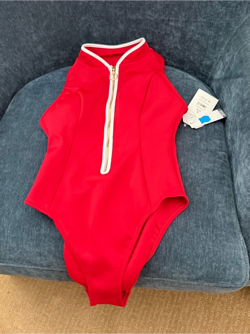 Time and Tru Red Zip-Front One-Piece Swimsuit with White Trim
